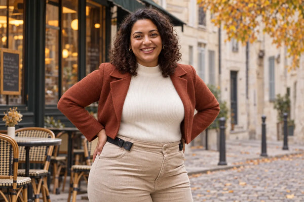 Femme ronde en tenue d’automne avec pantalon beige et ceinture sans boucle Libelté