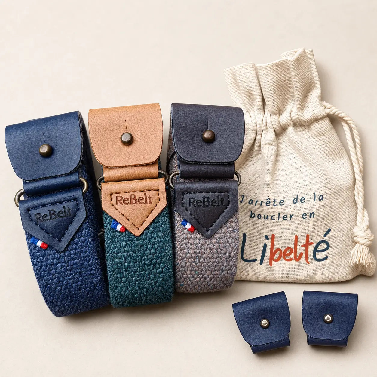 Trio de ceintures sans boucle recyclées ReBelt marine