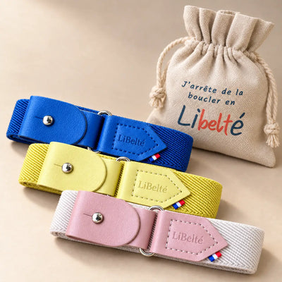Trois ceintures enfant Libelté bleu électrique, jaune et rose pastel, présentées avec leur pochon réutilisable.