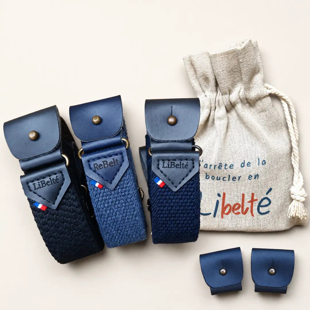 pack trio ceinture sans boucle noire blue jean et marine clips marine