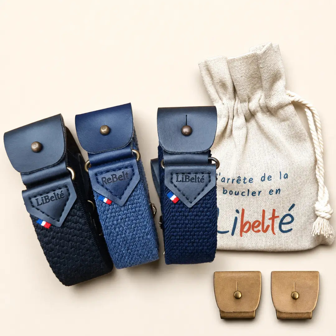 pack trio ceinture sans boucle noire blue jean et marine clips bronze