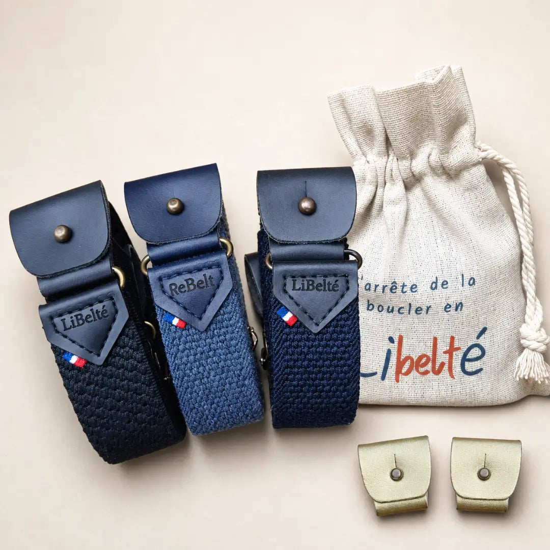 pack trio ceinture sans boucle noire blue jean et marine clips doree
