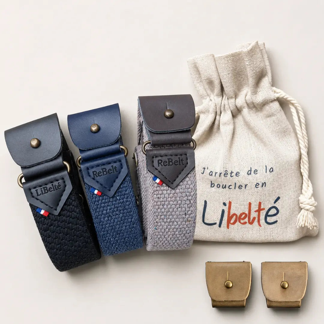 pack trio ceinture sans boucle libelte noire blue jean et beige clips bronze
