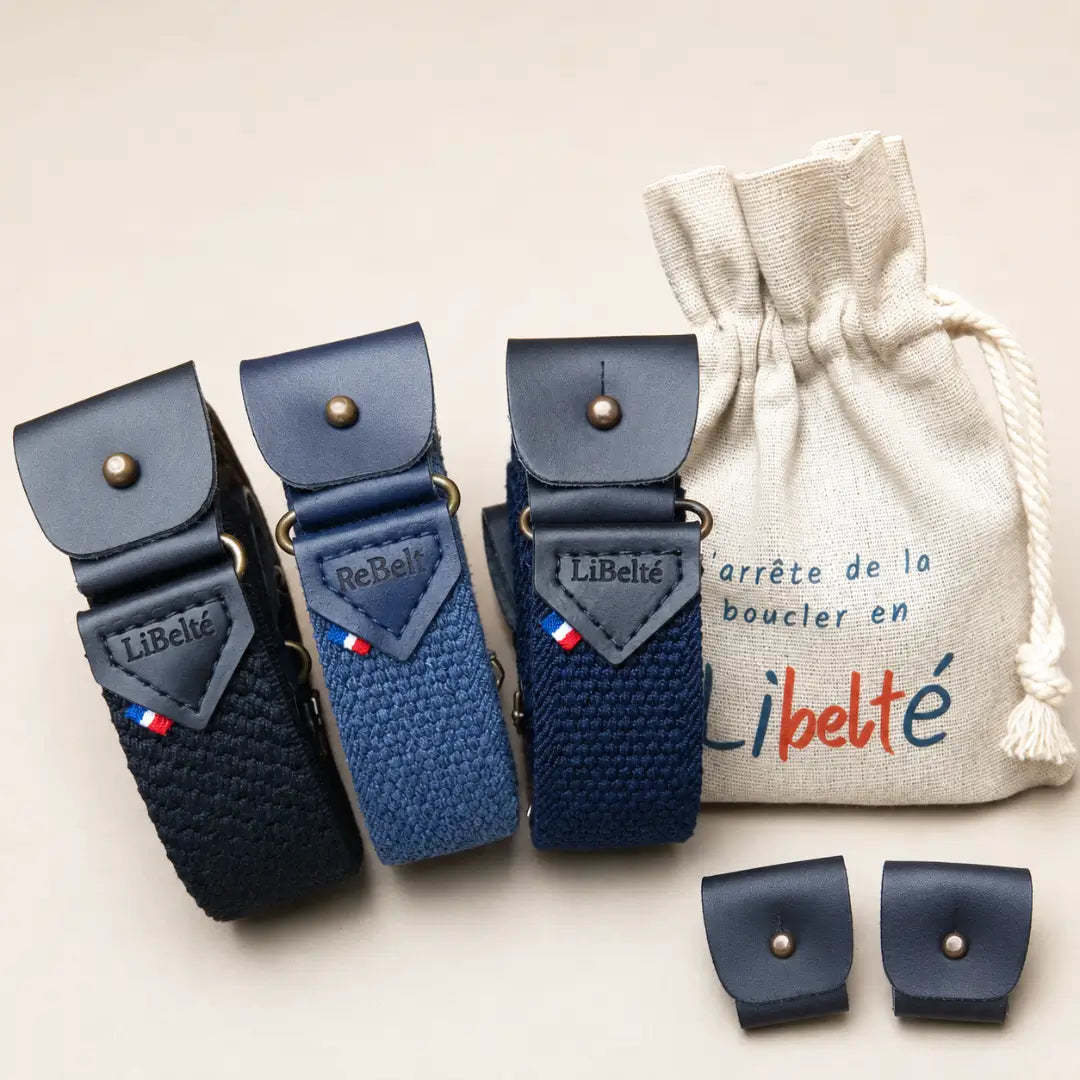 pack trio ceinture sans boucle noire blue jean et marine clips noire