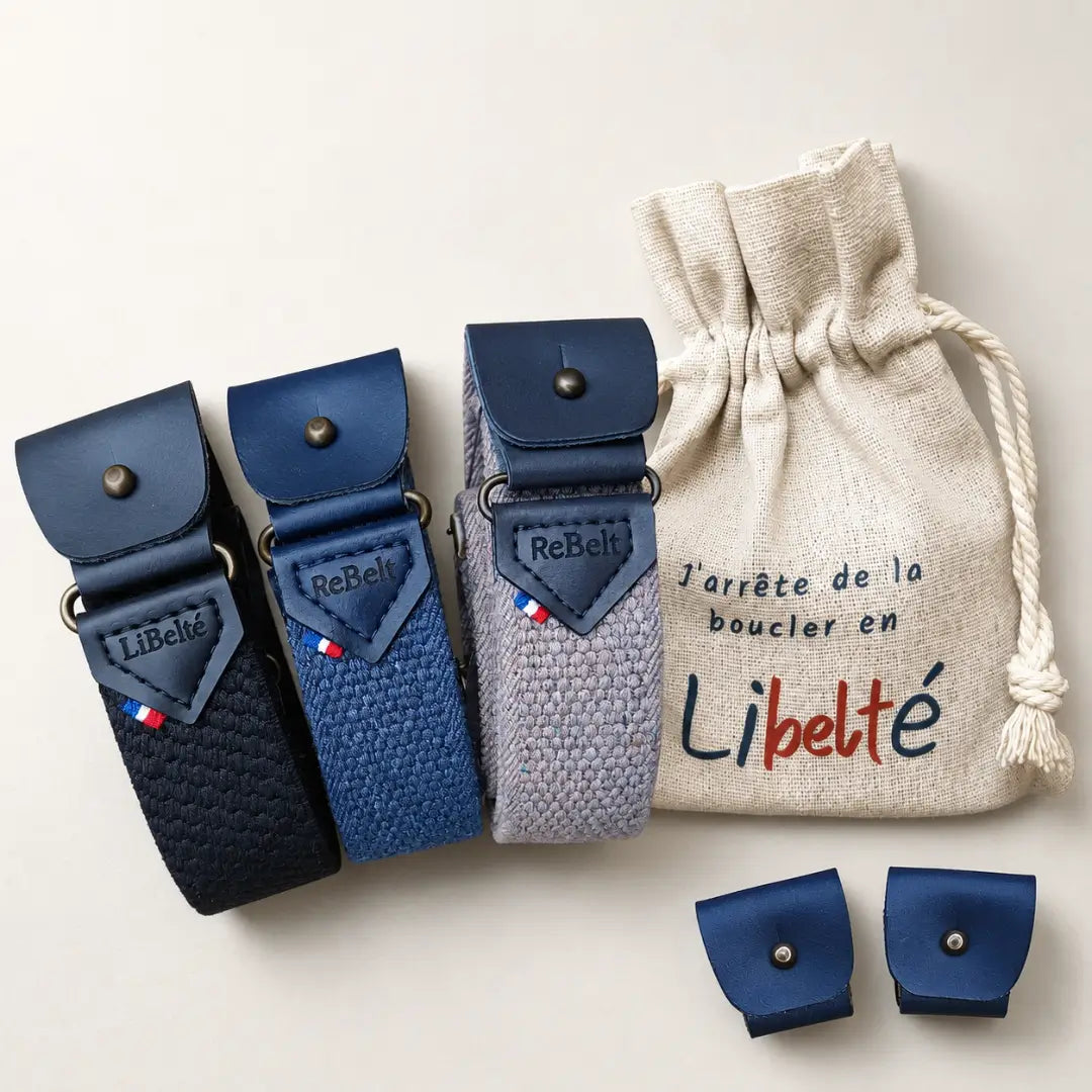 pack trio ceinture sans boucle libelte noire blue jean et beige clips marine