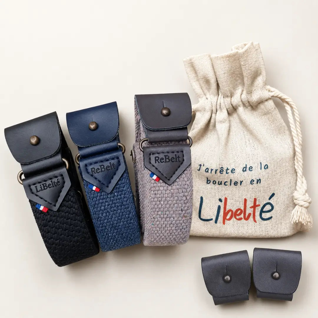 pack trio ceinture sans boucle libelte noire blue jean et beige clips marron