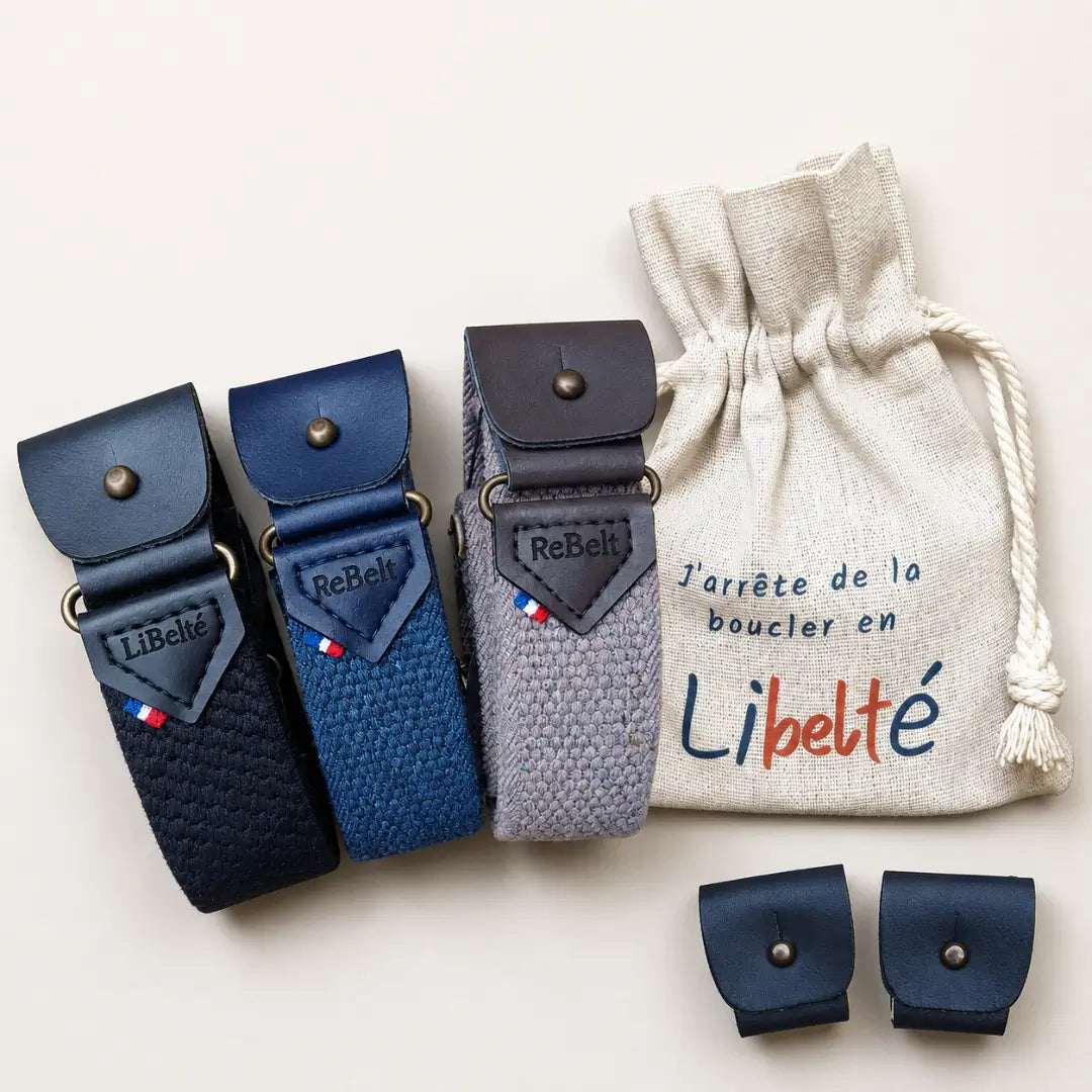 pack trio ceinture sans boucle libelte noire blue jean et beige clips noire