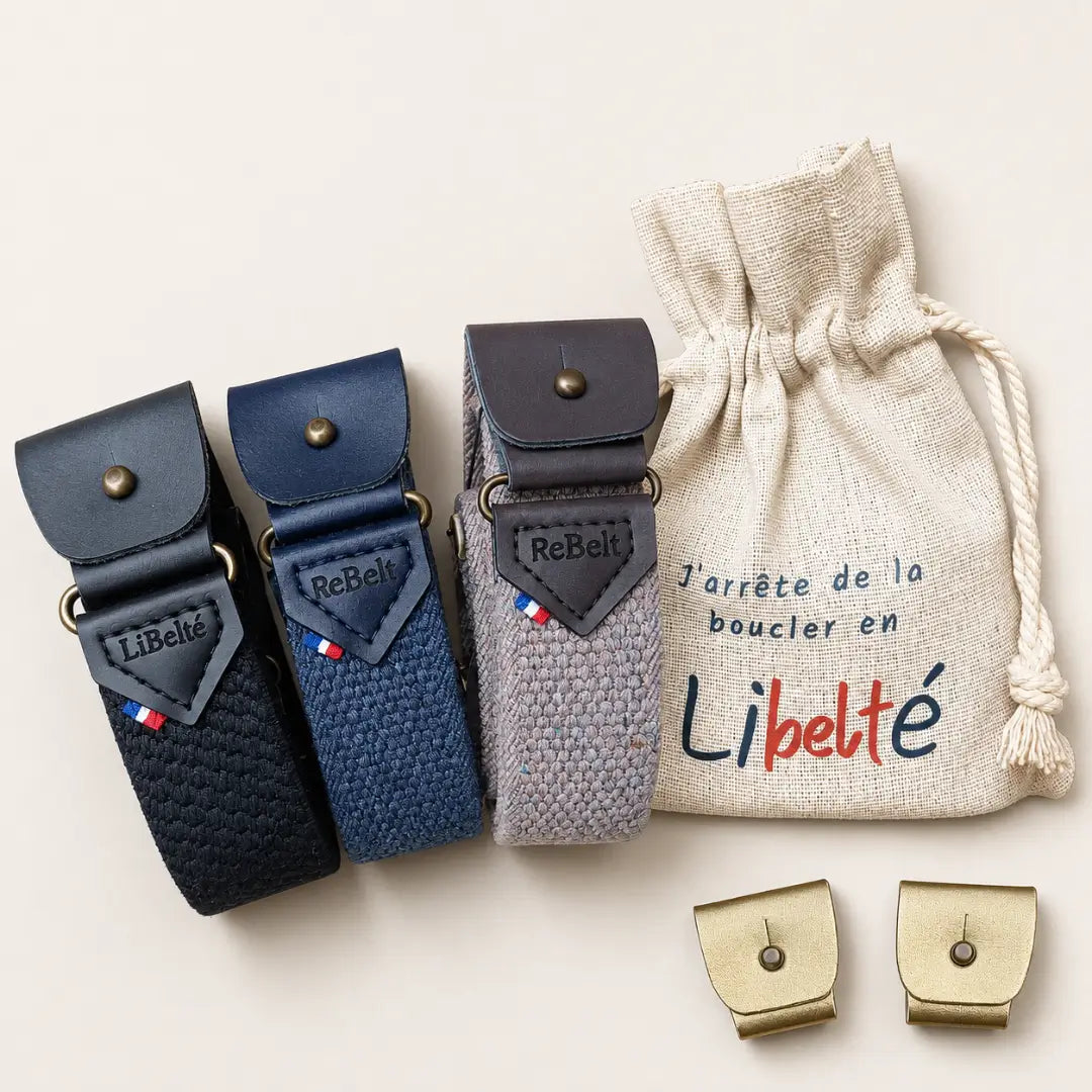 pack trio ceinture sans boucle libelte noire blue jean et beige clips doree