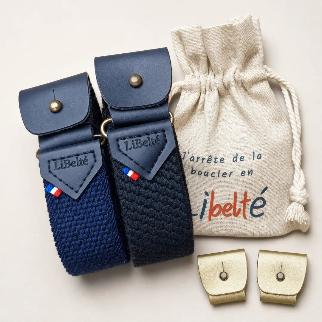 pack duo promotion ceinture sans boucle noire et marine libelte clips doree