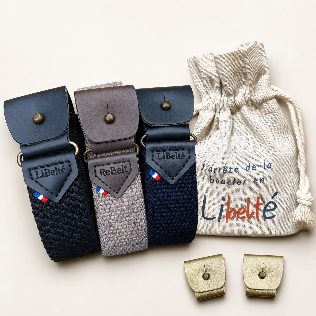 pack trio ceinture sans boucle marine noire et beige clips doree