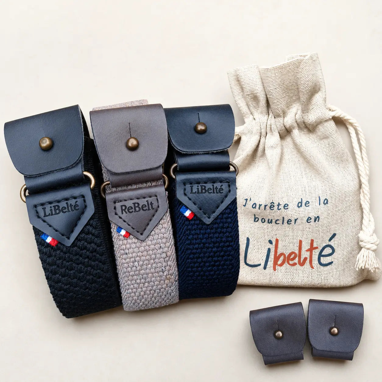 pack trio ceinture sans boucle marine noire et beige clips marron