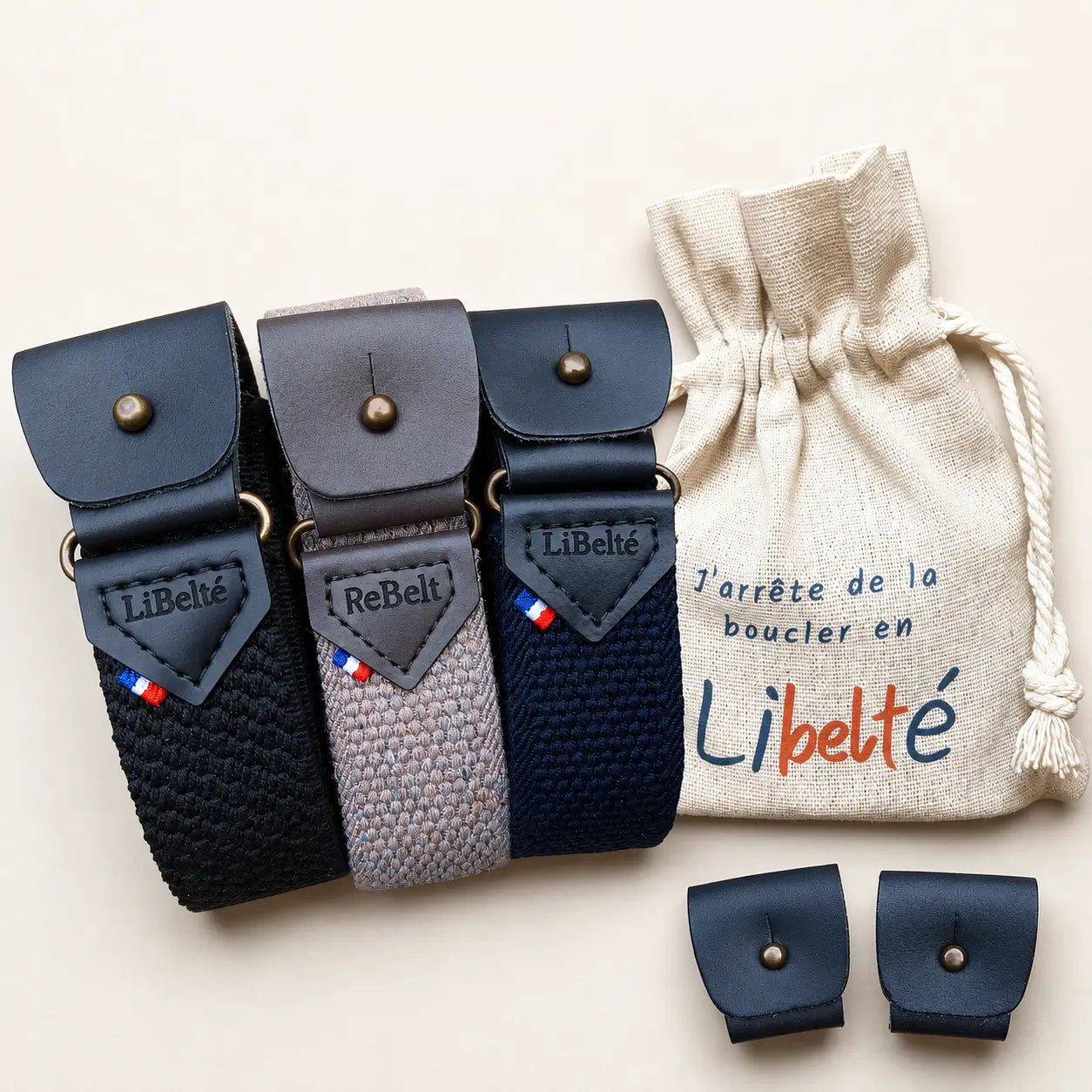 pack trio ceinture sans boucle marine noire et beige clips noire