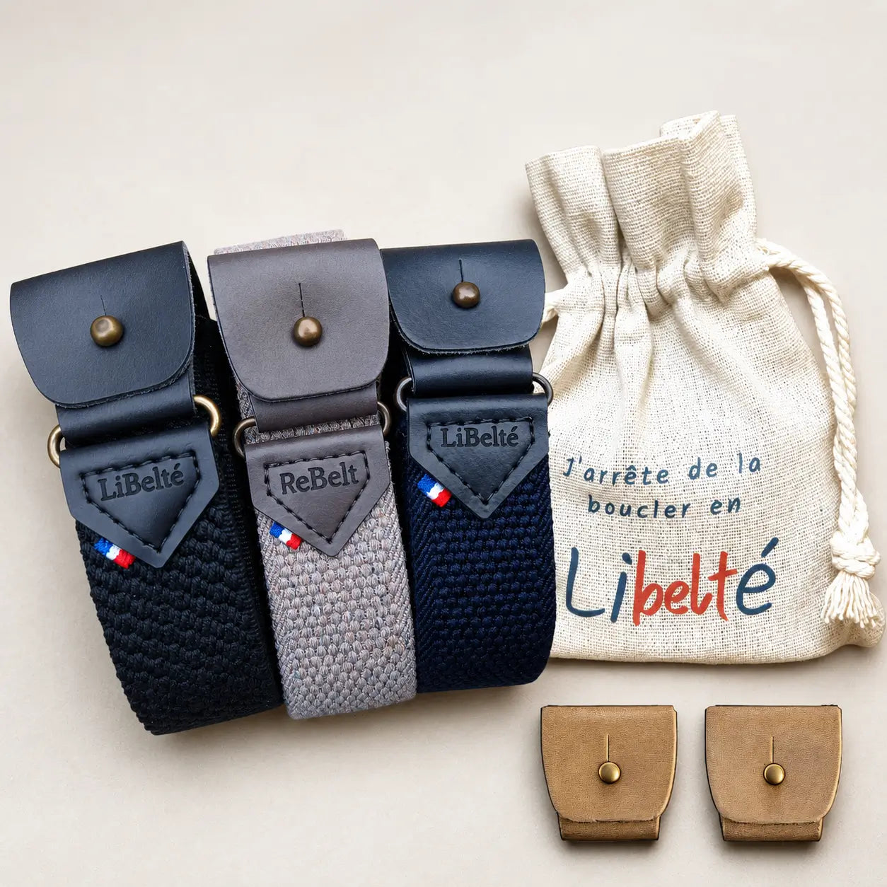 pack trio ceinture sans boucle marine noire et beige clips bronze